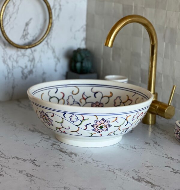 Lavabo fait main en céramique marocaine – Art traditionnel pour salle de bain moderne (43 cm x H 15,5 cm, 6,9 kg) – Image 4