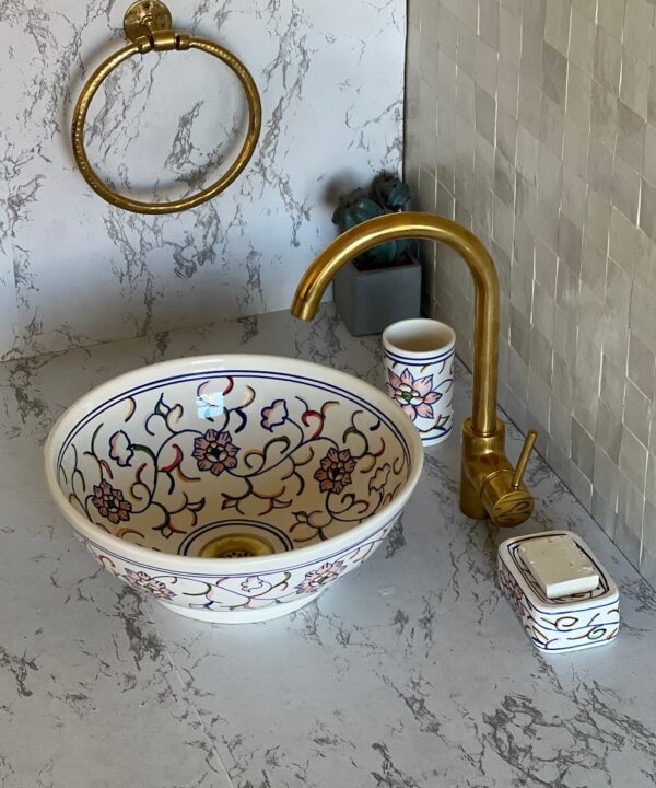 Lavabo fait main en céramique marocaine – Art traditionnel pour salle de bain moderne (43 cm x H 15,5 cm, 6,9 kg) – Image 3