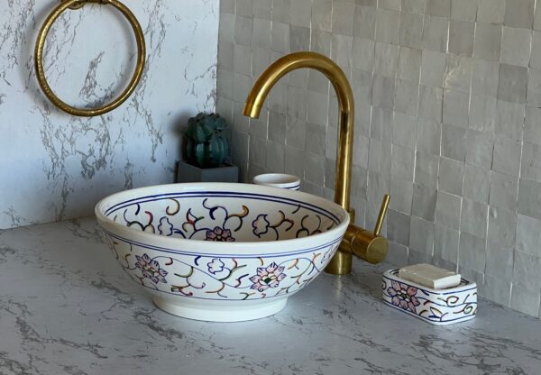 Lavabo fait main en céramique marocaine – Art traditionnel pour salle de bain moderne (43 cm x H 15,5 cm, 6,9 kg) – Image 2