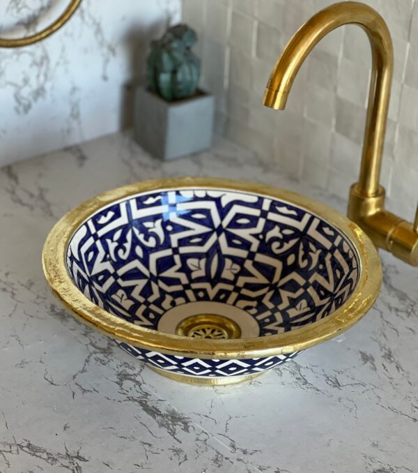 Lavabo marocain fait main en céramique – Design rond bleu artisanal ( 41 cm x H 15 cm, 6,3 kg) – Image 7