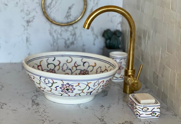 Lavabo fait main en céramique marocaine – Art traditionnel pour salle de bain moderne (43 cm x H 15,5 cm, 6,9 kg) – Image 7